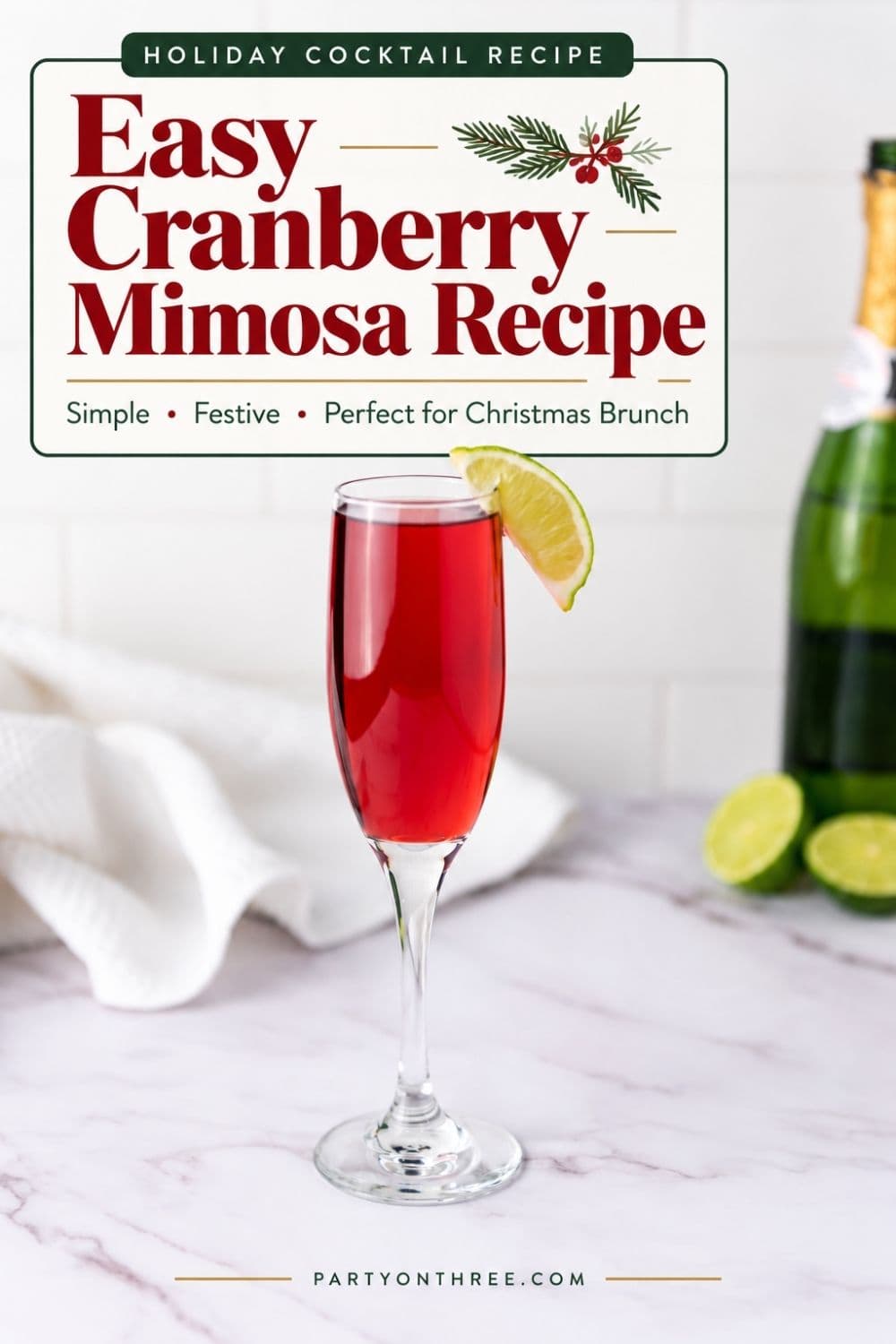 Cranberry mimosa in a champagne flute with a lime wedge garnish, next to a bottle of bubbly