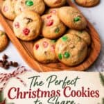Easy Christmas cookies with red and green M&M candies piled on a wooden tray with chocolate chips