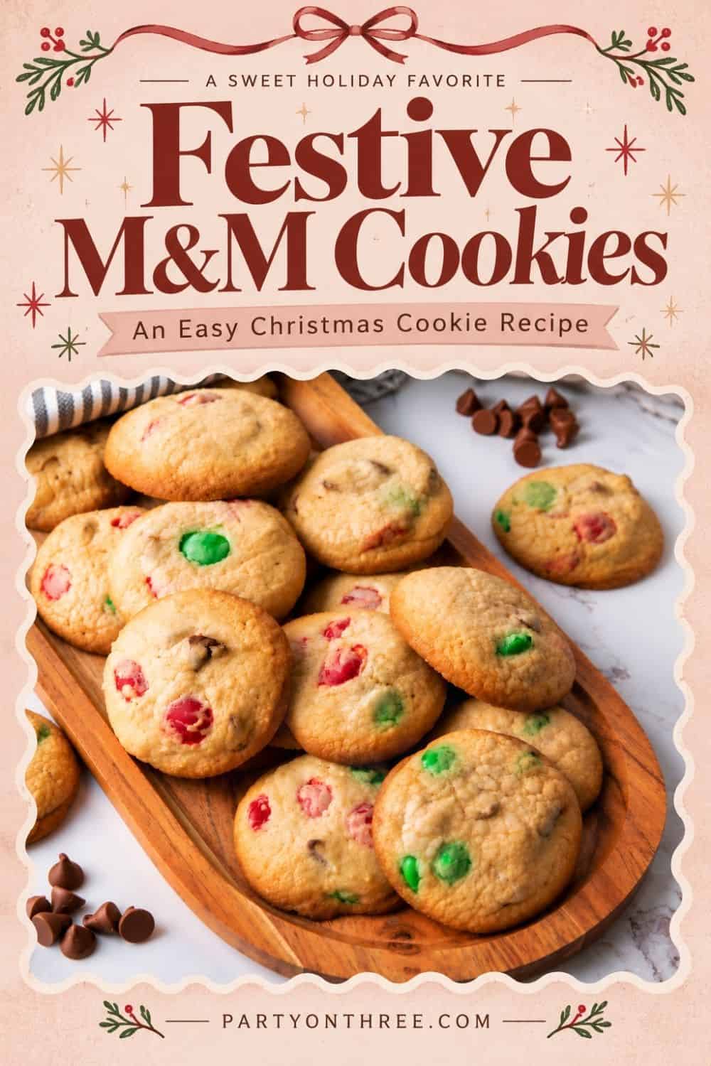 Easy Christmas cookies with red and green M&M's piled on a wooden tray beside chocolate chips