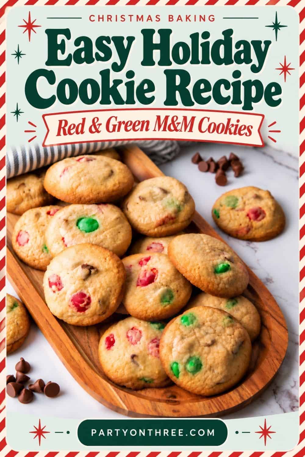 Easy Christmas cookies with red and green M&M candies piled on a wooden tray