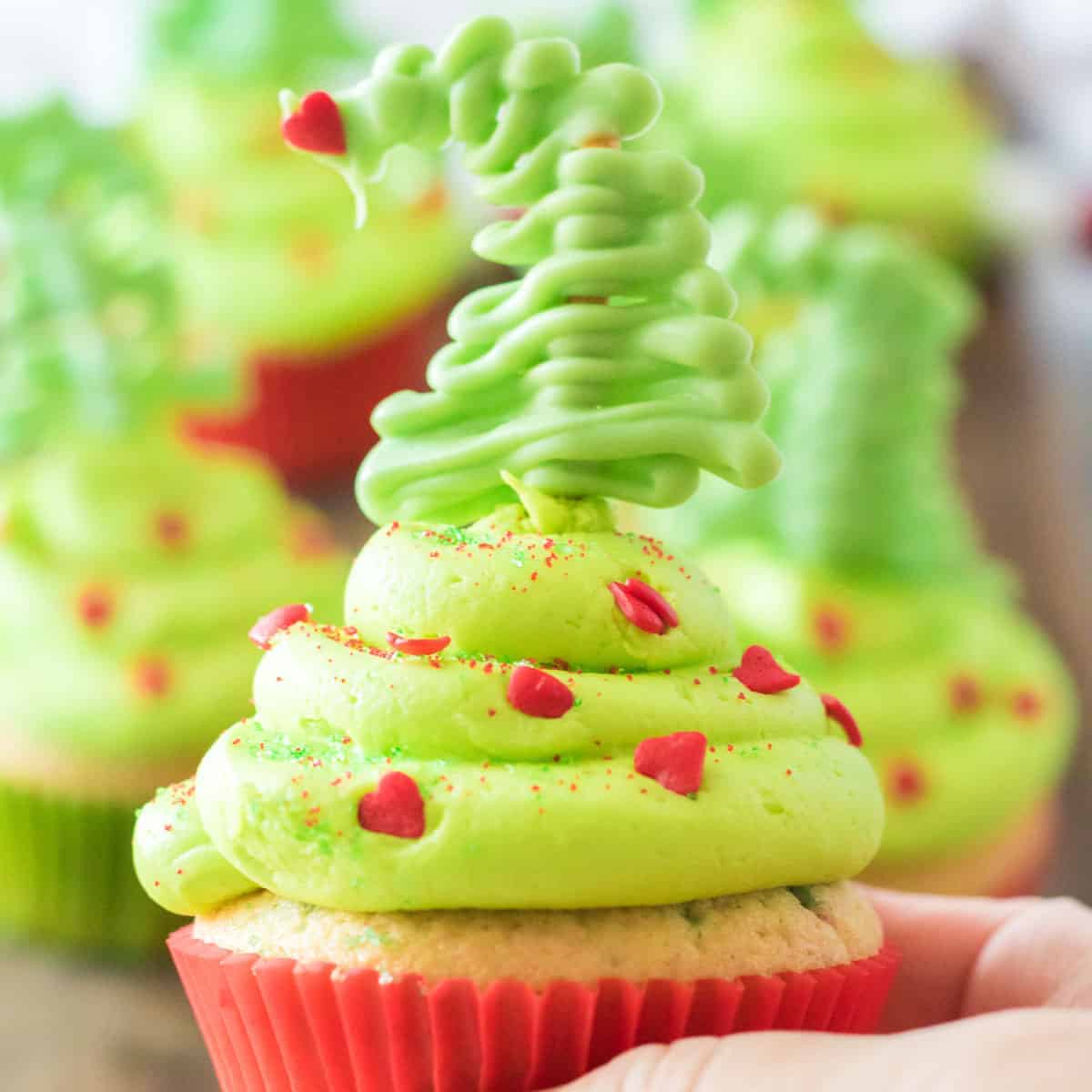 Grinch Cupcakes with Peppermint Frosting