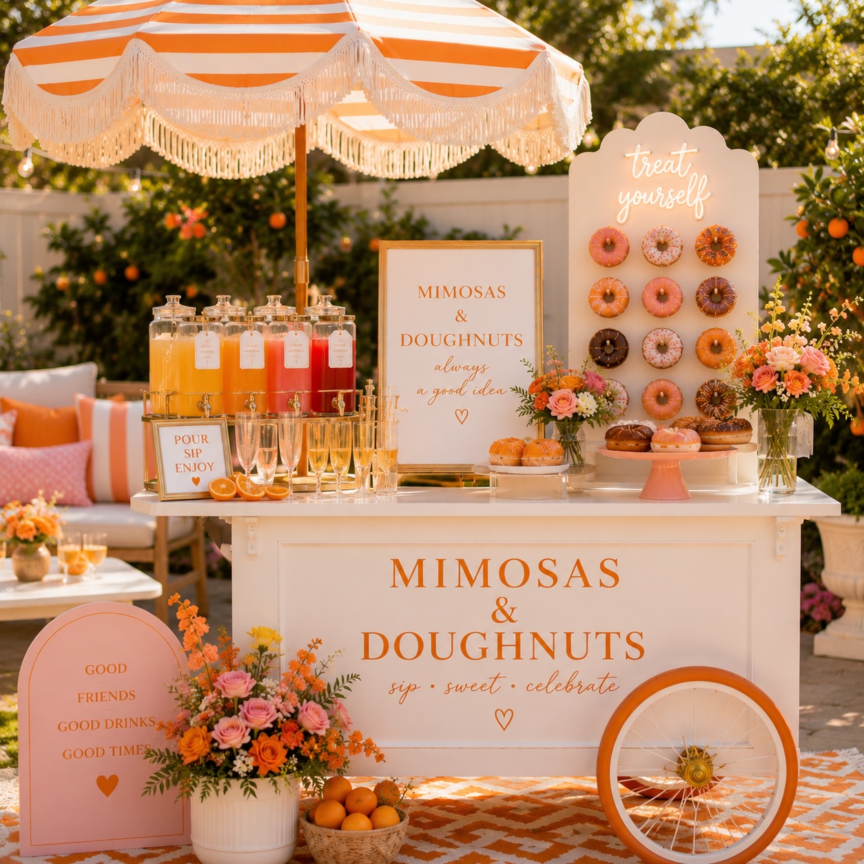 Mimosas and Doughnuts Bar With Neon Treat Wall