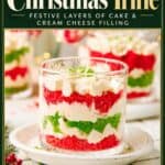 Mini Christmas trifle cups with layered red and green cake, cream cheese filling, and whipped cream