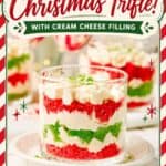 Mini Christmas Trifle Cups with layered red and green cake, cream cheese filling, and whipped topping