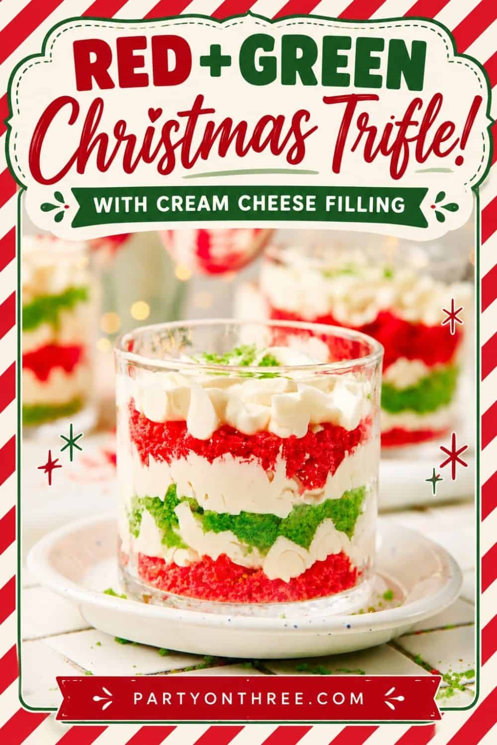 Mini Christmas Trifle Cups with layered red and green cake, cream cheese filling, and whipped topping