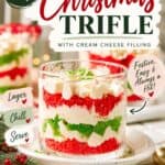 Mini Christmas Trifle Cups with layered red and green cake, cream cheese filling, and whipped topping