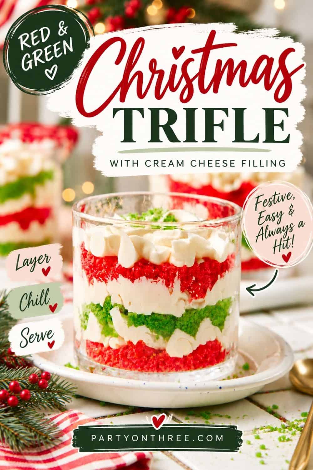 Mini Christmas Trifle Cups with layered red and green cake, cream cheese filling, and whipped topping