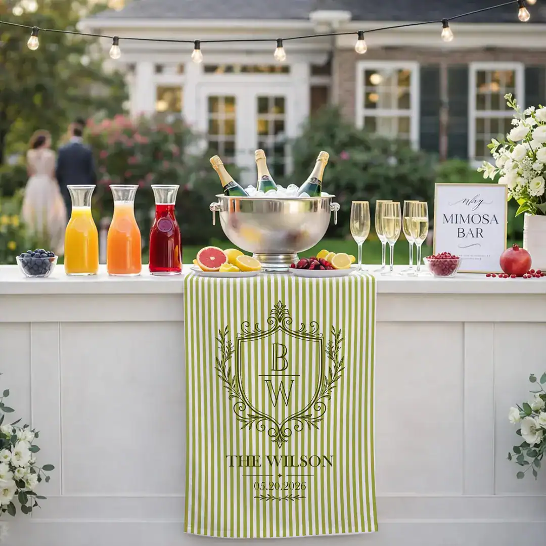 Monogrammed Striped Runner for a Wedding Mimosa Bar
