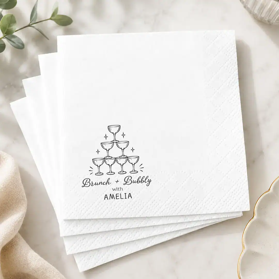 Personalized Brunch and Bubbly Cocktail Napkins With Champagne Tower