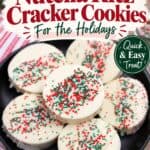 Plate of white chocolate-coated Ritz Cracker Christmas cookies topped with red, green, and white sprinkles