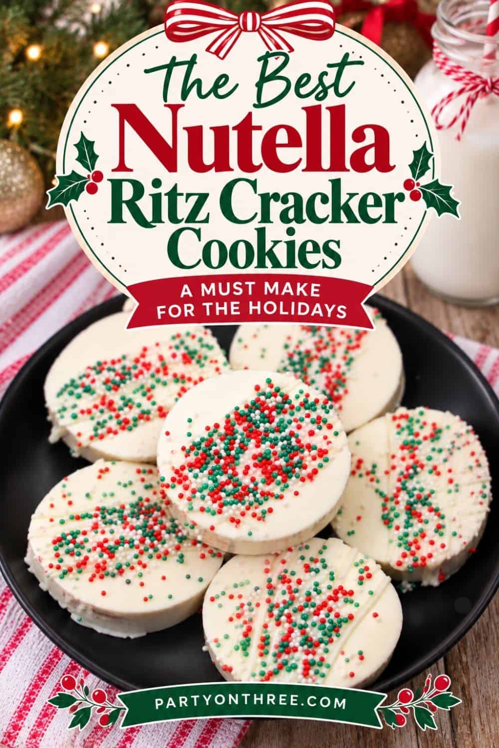 White chocolate-dipped Ritz Cracker Christmas Cookies with red and green sprinkles on a black plate