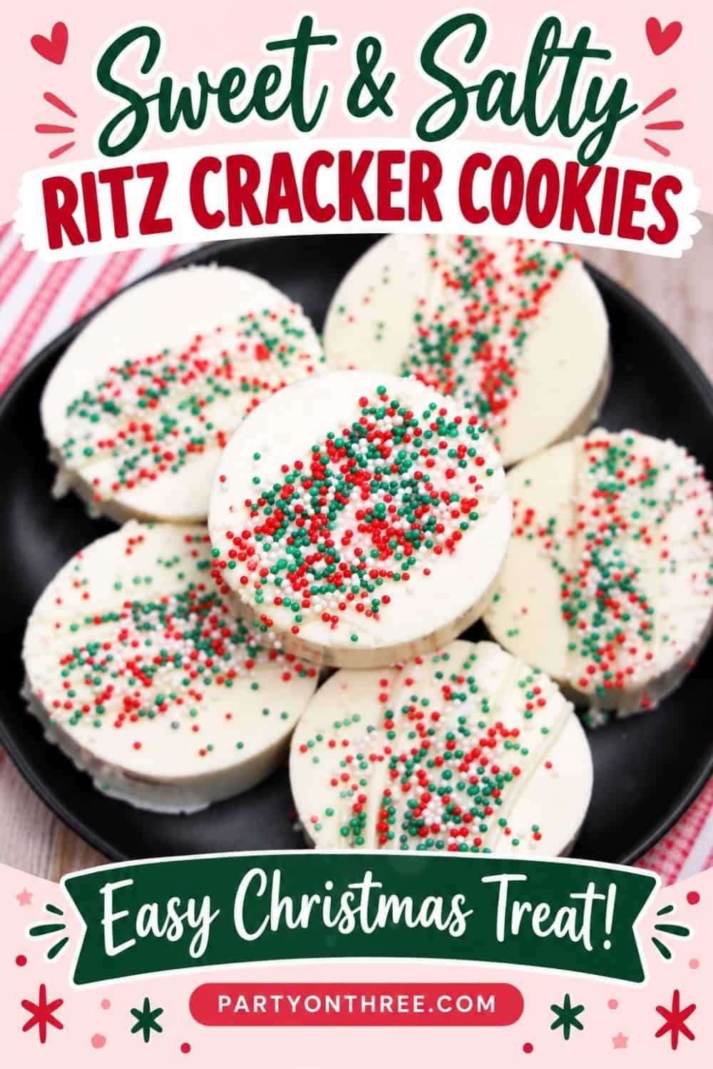 White chocolate-dipped Ritz Cracker Christmas Cookies topped with red, green, and white sprinkles on a black plate