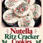 Plated white chocolate-covered Ritz Cracker Christmas Cookies topped with red and green nonpareil sprinkles.