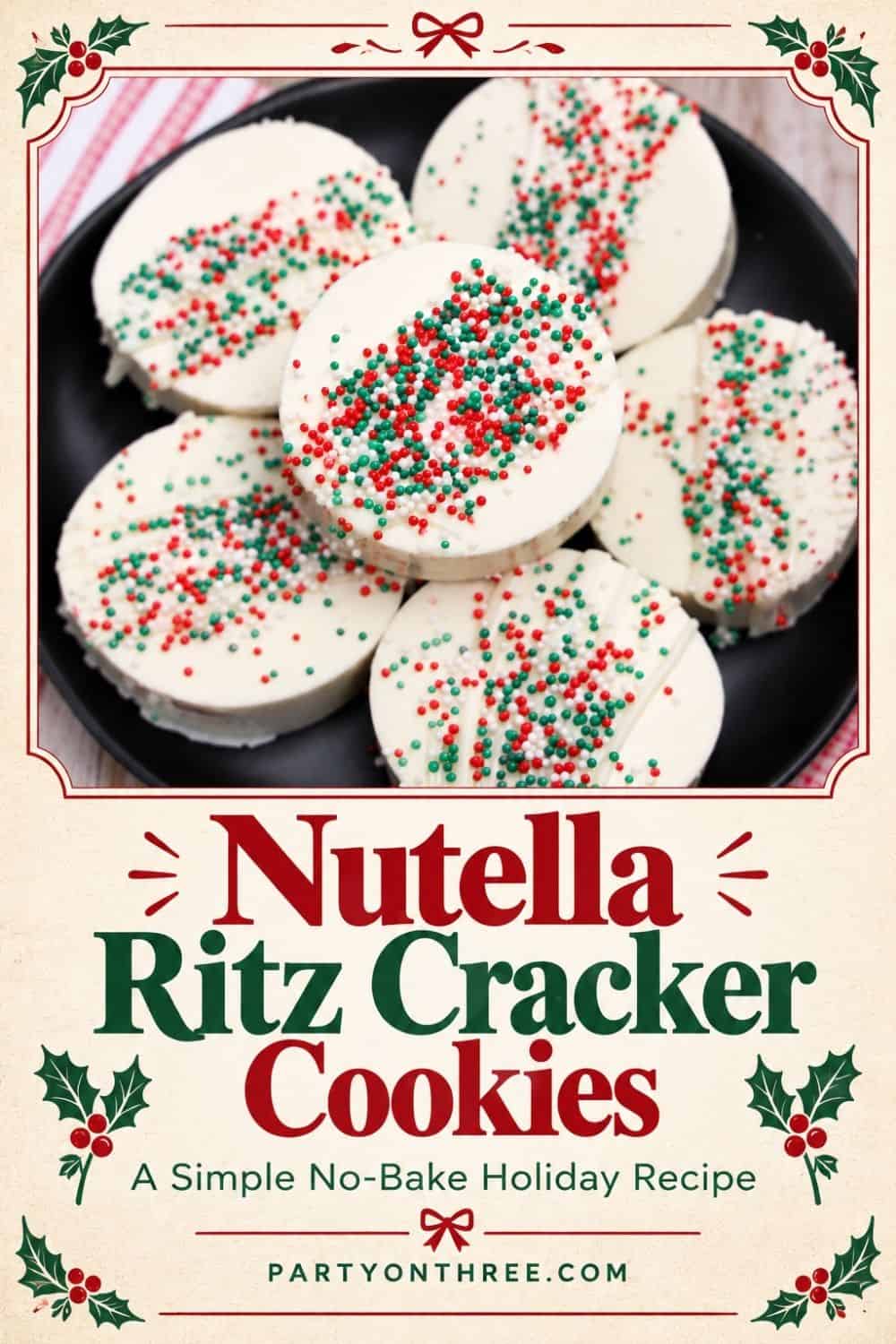 Plated white chocolate-covered Ritz Cracker Christmas Cookies topped with red and green nonpareil sprinkles.