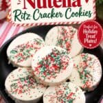 Plated white chocolate-coated Ritz Cracker Christmas Cookies topped with red and green sprinkles