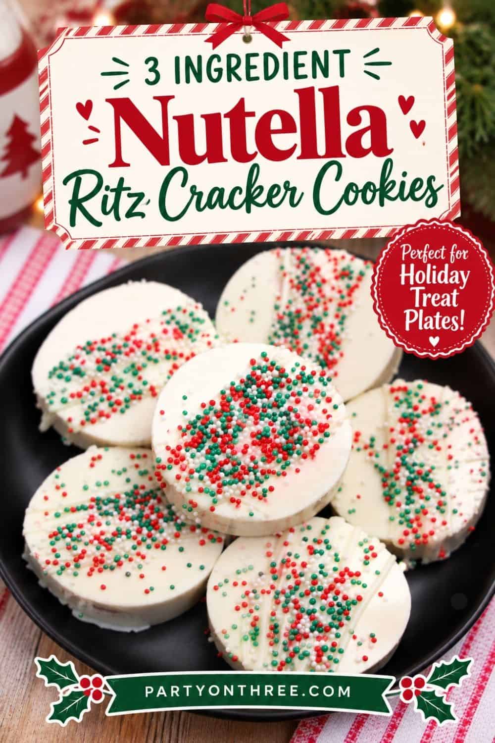 Plated white chocolate-coated Ritz Cracker Christmas Cookies topped with red and green sprinkles