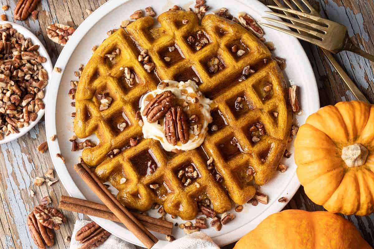 Spiced Pumpkin Waffle Recipe with Brown Butter Maple Syrup