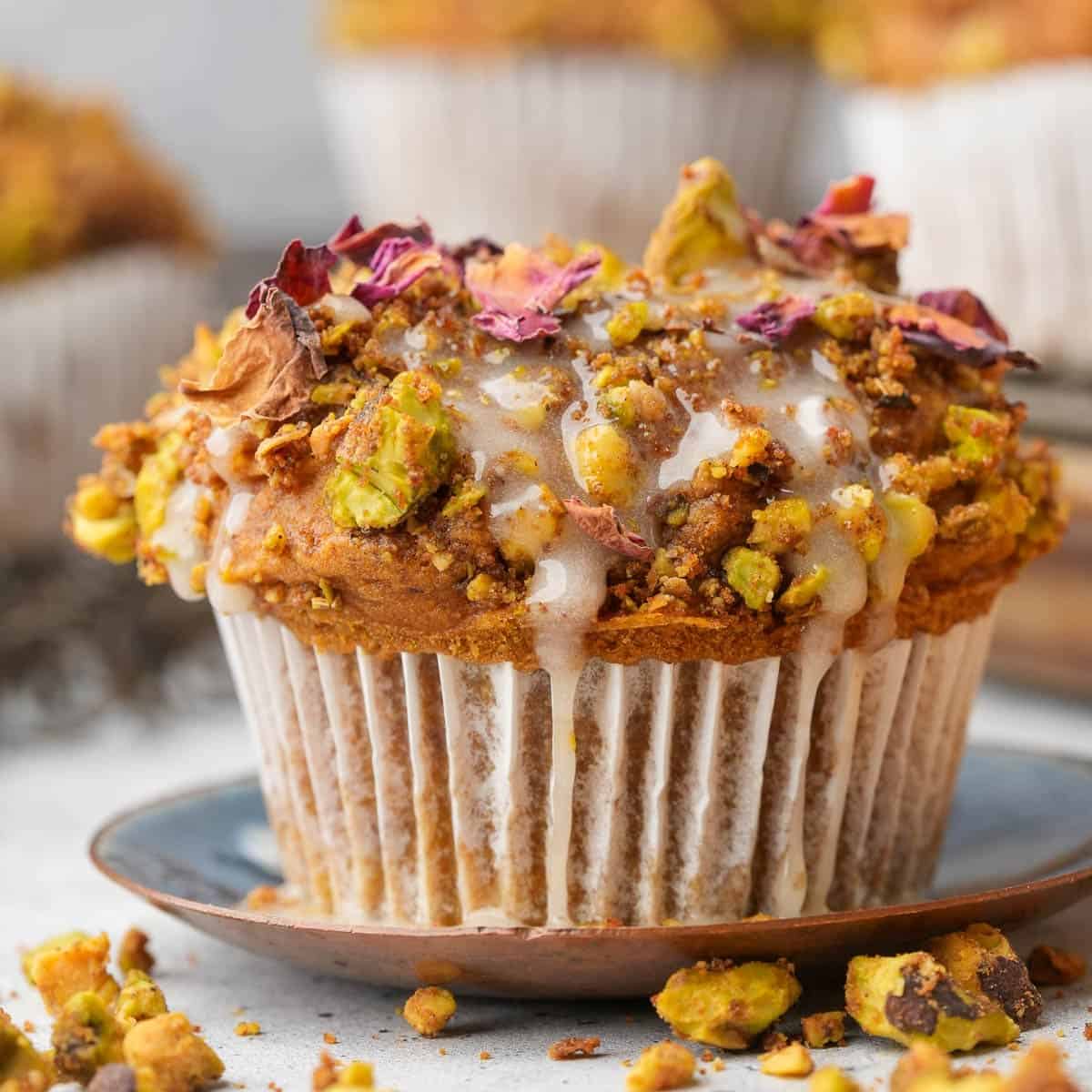Vegan Pumpkin Muffins (with Pistachio Streusel and Rosewater Cardamom Glaze)